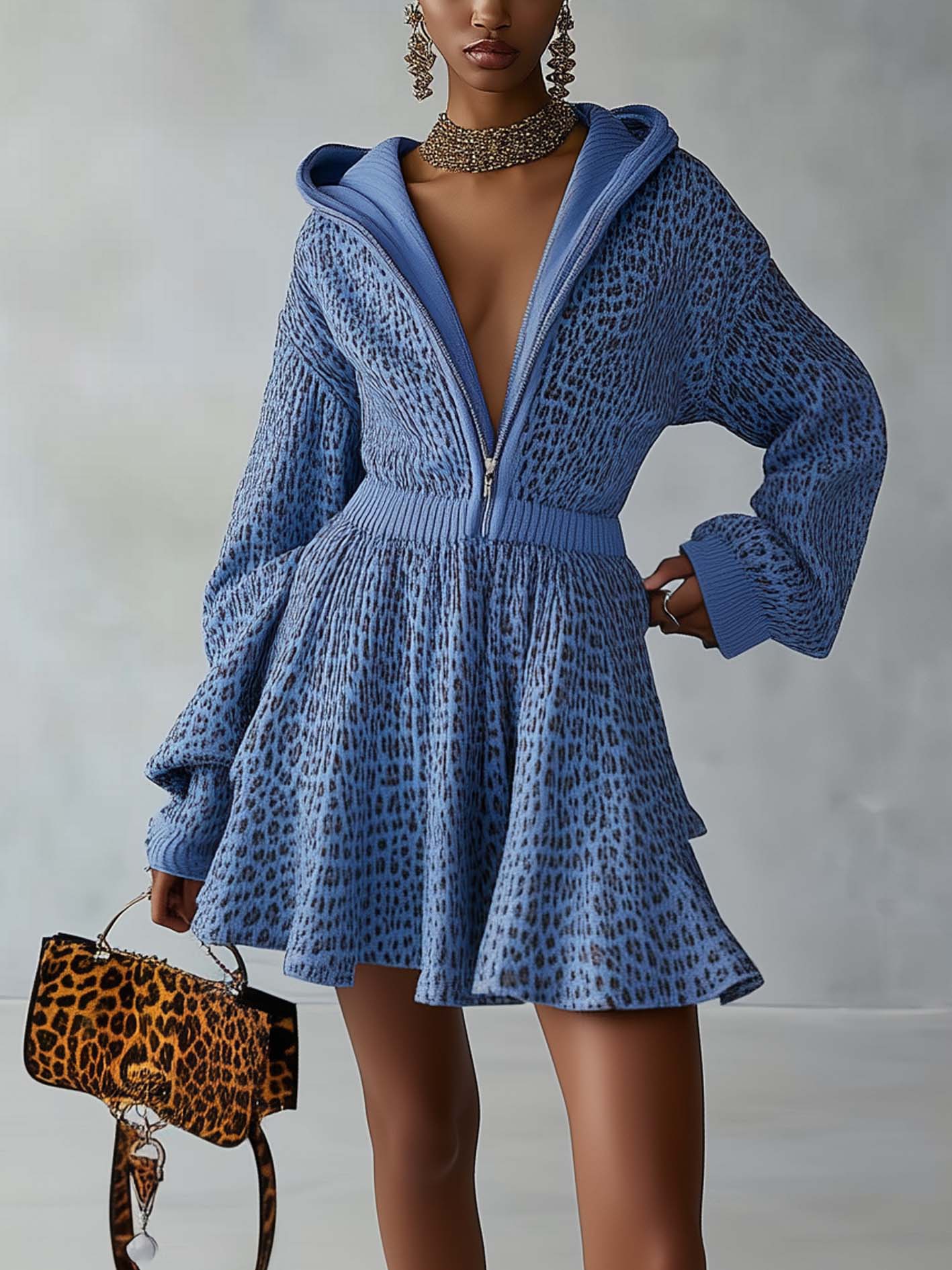 Blue Knitted Mini Dress With Hood And Zipper And Black Leopard Print