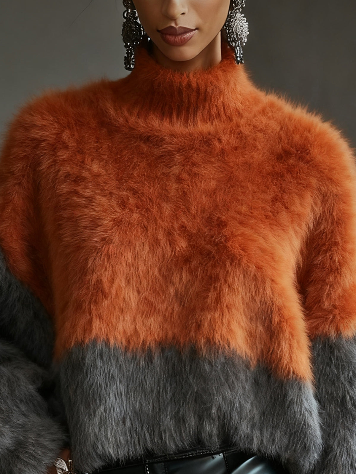 Two-Tone Fluffy Knit High-Neck Sweater