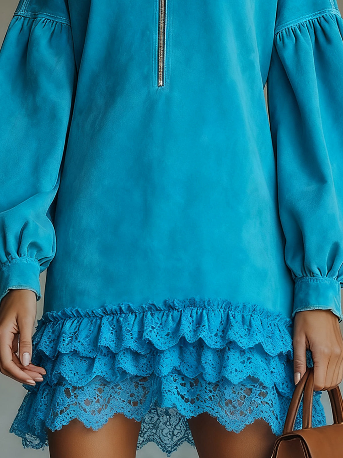 Sky Blue Faux Suede V-Neck Mini Dress With Lace Hem