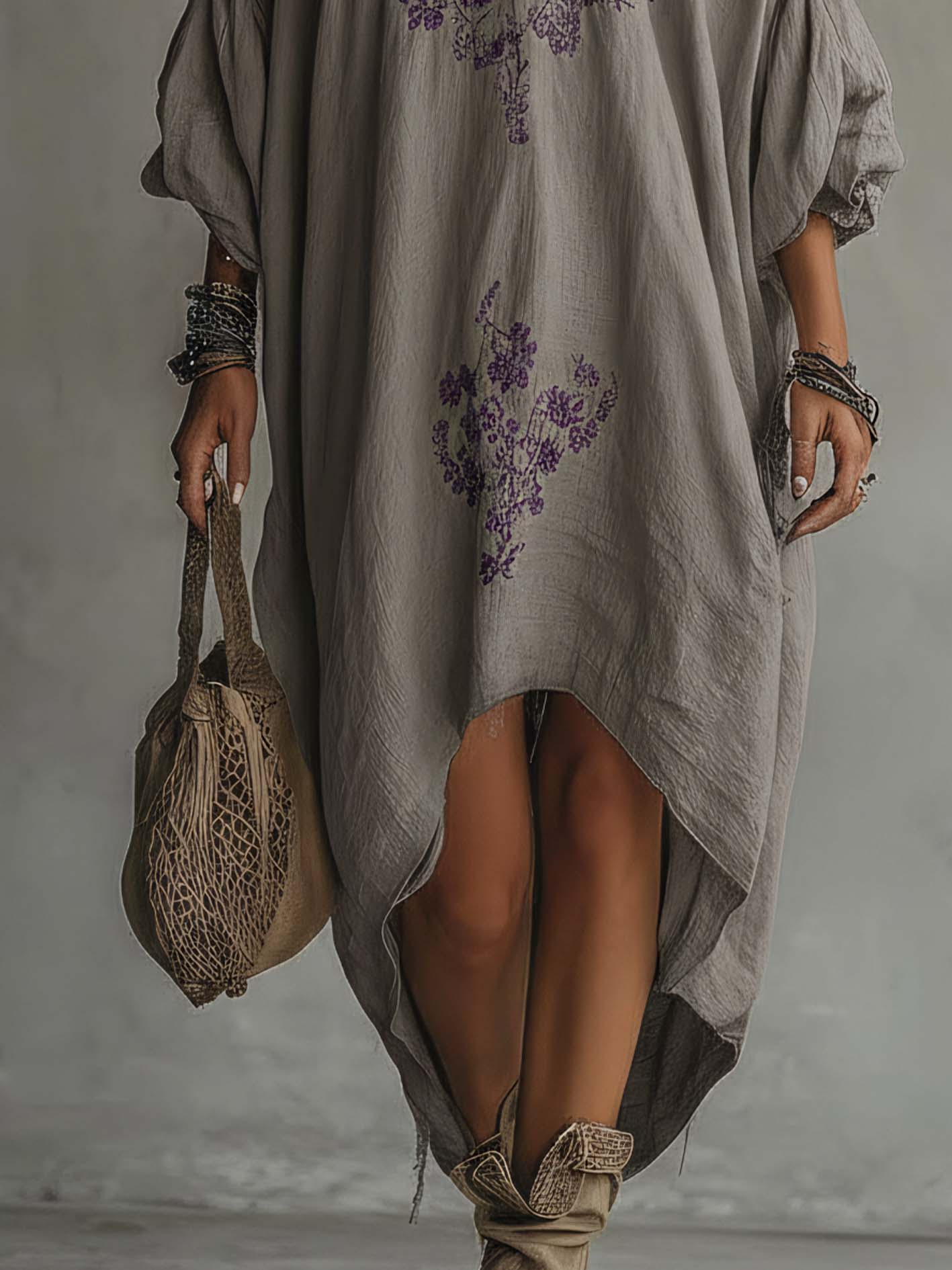 Gray Cotton-Linen Midi Dress With Purple Floral Embroidery