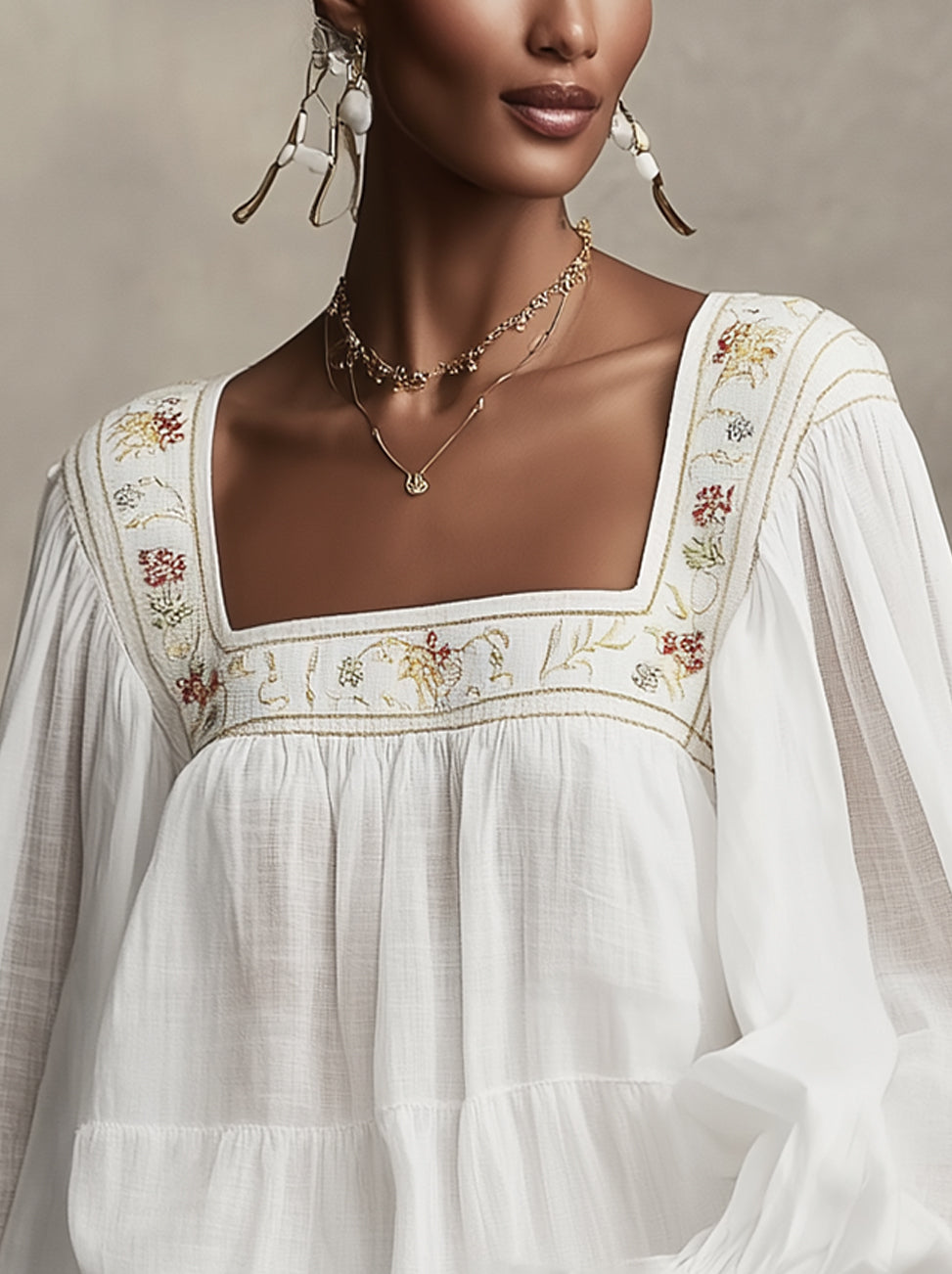 White Embroidered Square-Neck Long-Sleeve Boho Blouse