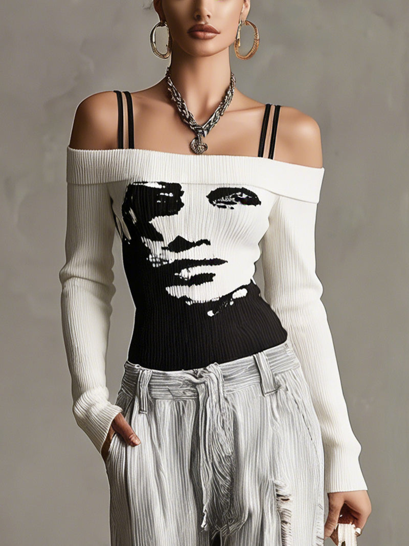 Black And White Off-Shoulder Knit Sweater With Abstract Face Design