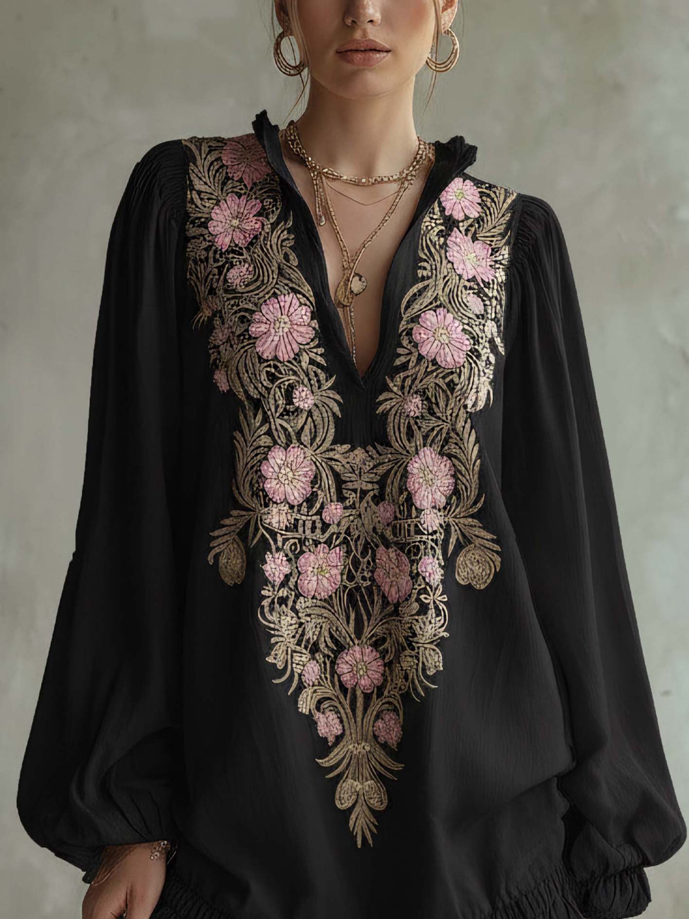 Black Cotton-Linen Embroidered Floral Ruffle Mini Dress