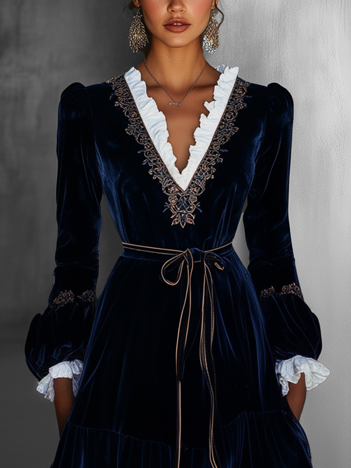 Navy Blue Velvet Mini Dress With Ruffled Trim And Lace Embellishments