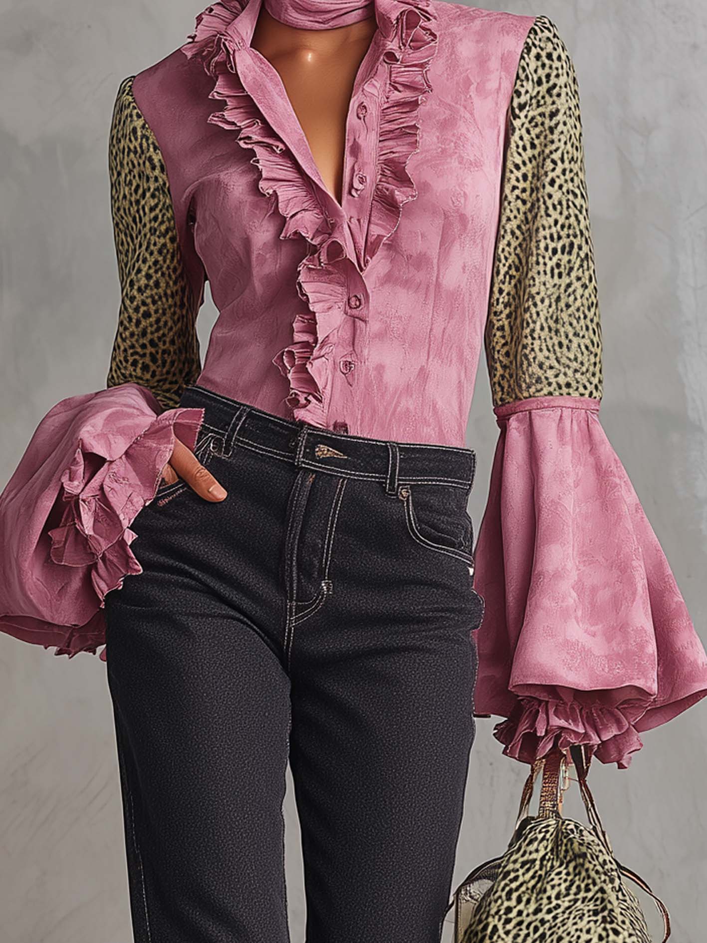 Pink Faux Suede Ruffled Blouse With Green Leopard Sleeves