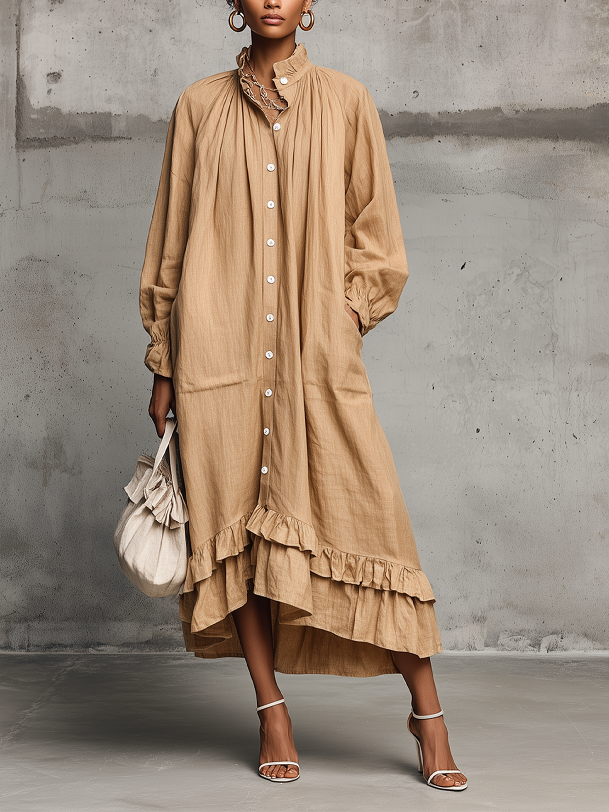 Brown Ruffled Collar Button-Down Maxi Shirt Dress
