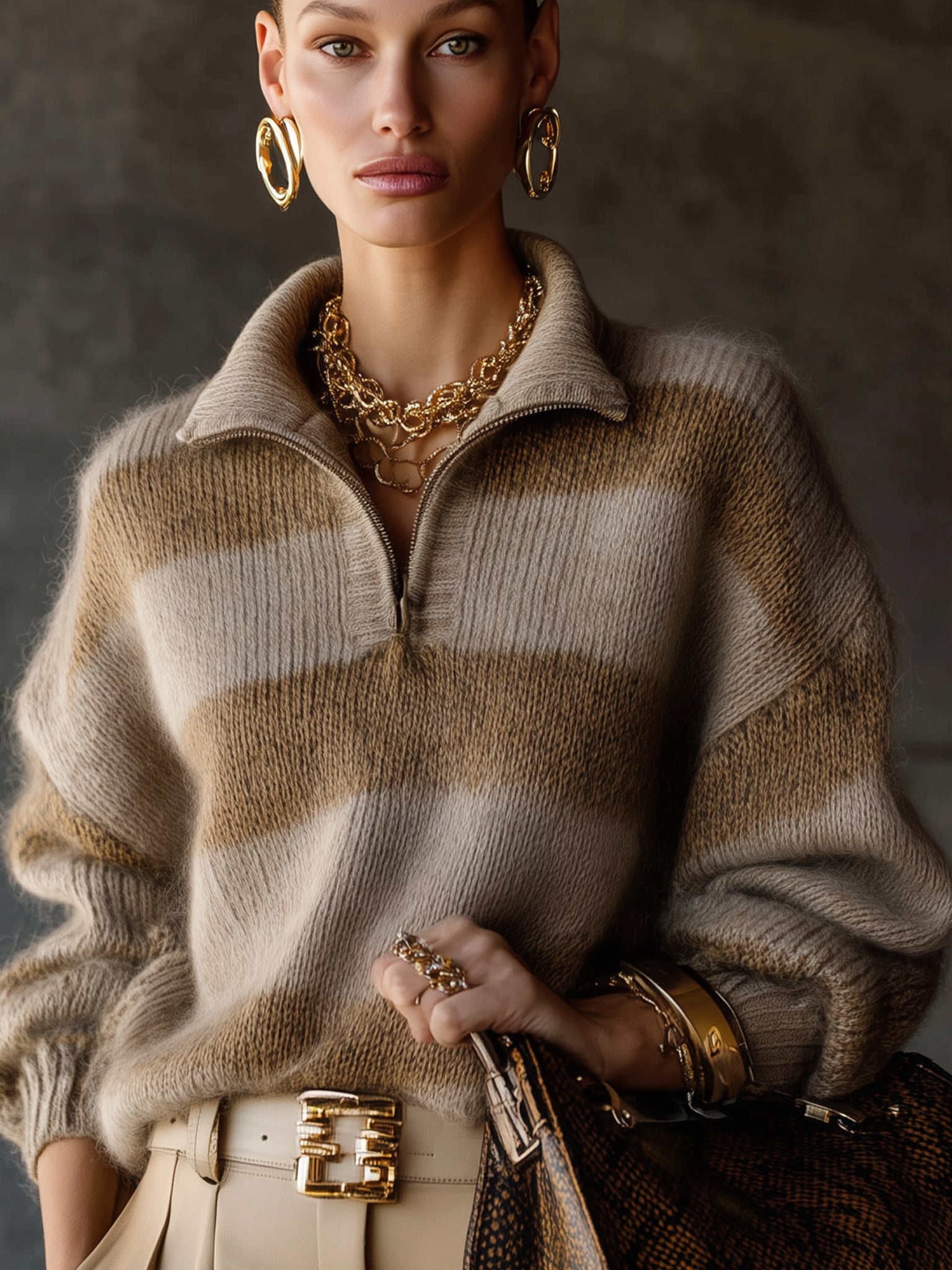 Taupe Striped Mohair Half Zip Pullover