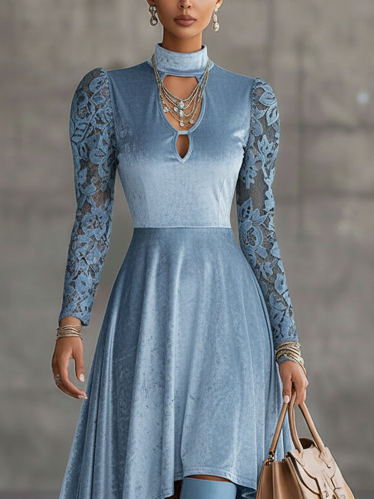 Blue Velvet High-Low Dress With Lace Sleeves And Keyhole Neckline