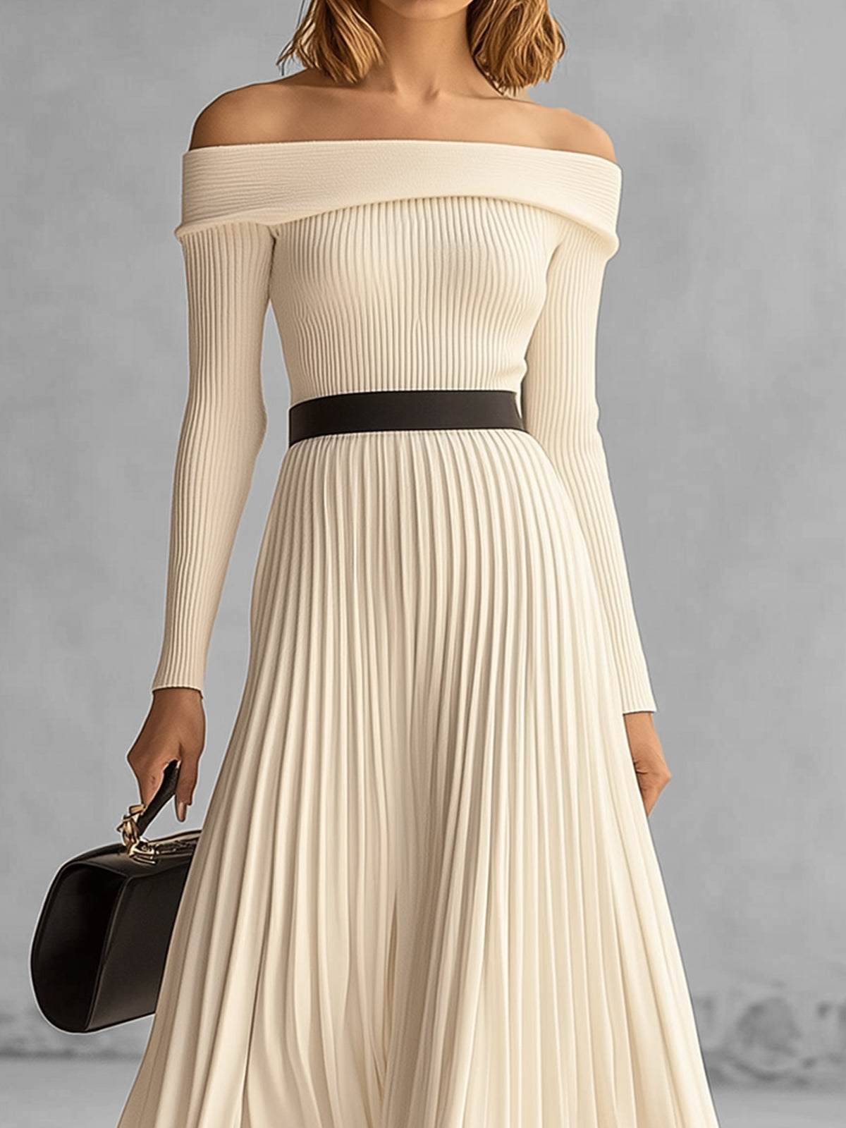 Off Shoulder Ribbed Knit Dress With Pleated Skirt