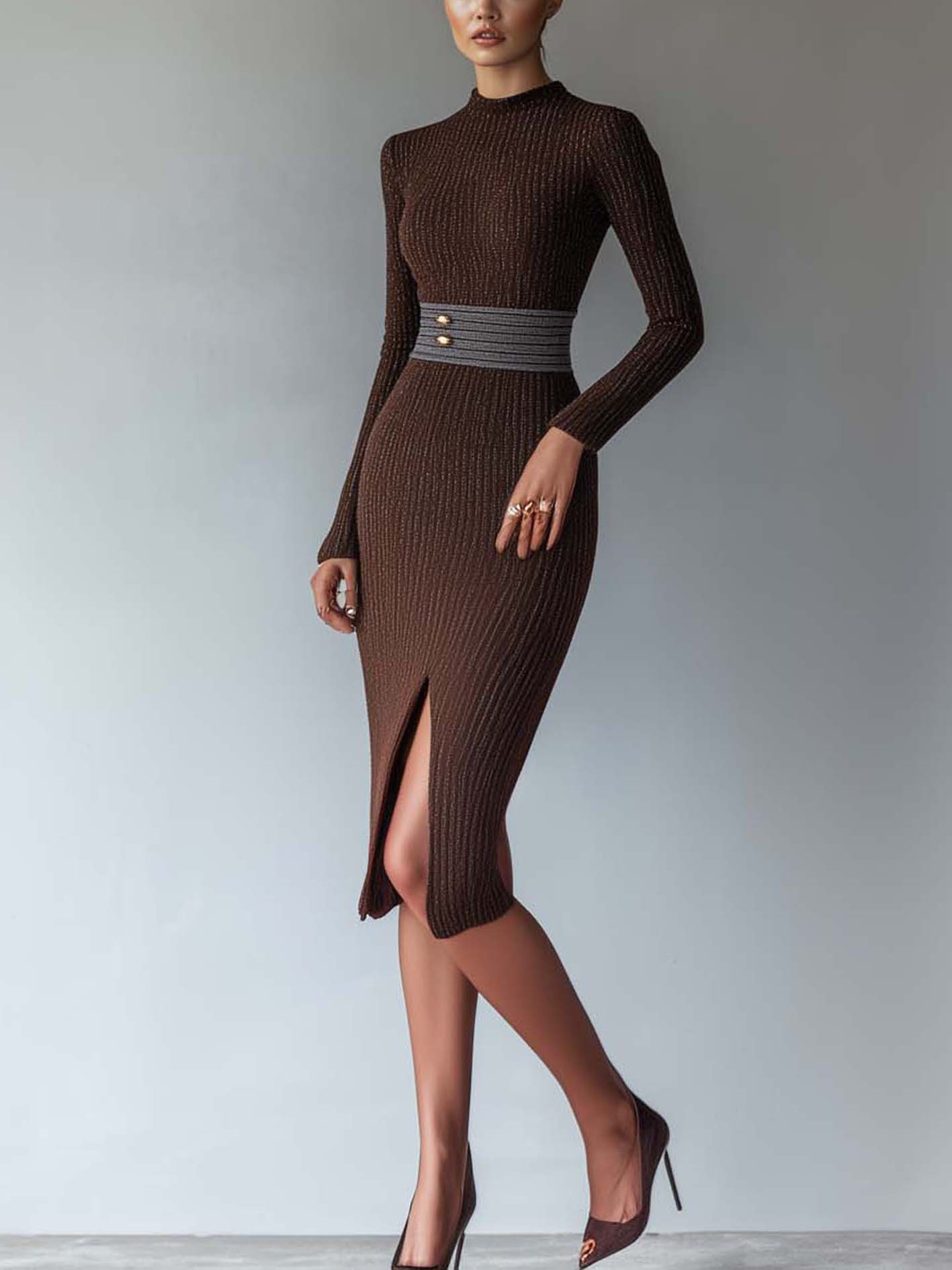Brown Knitted Midi Bodycon Dress With Belt And Front Slit