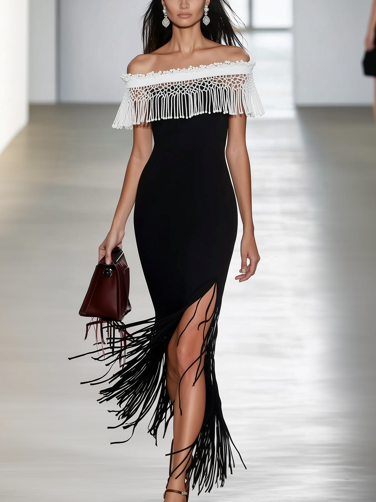 Black Knitted Fringe Off-Shoulder Short Sleeve Midi Dress