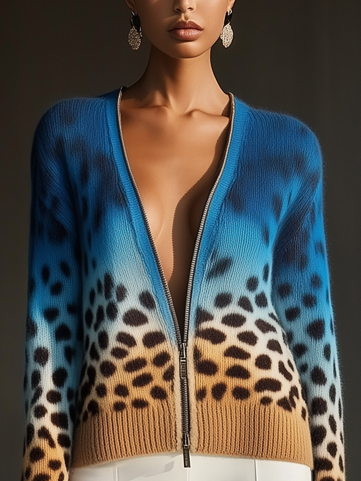 Ombre Leopard Print Zip Up Knit Cardigan