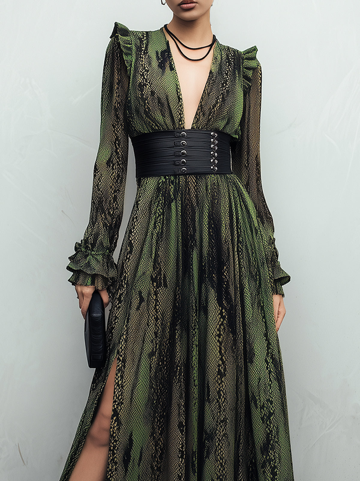 Emerald Python Deep V-Neck Maxi Dress With Belt