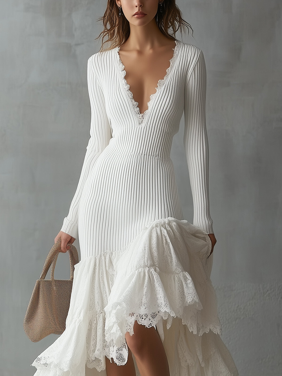 White Rib Knit Dress With Lace Ruffled Hem