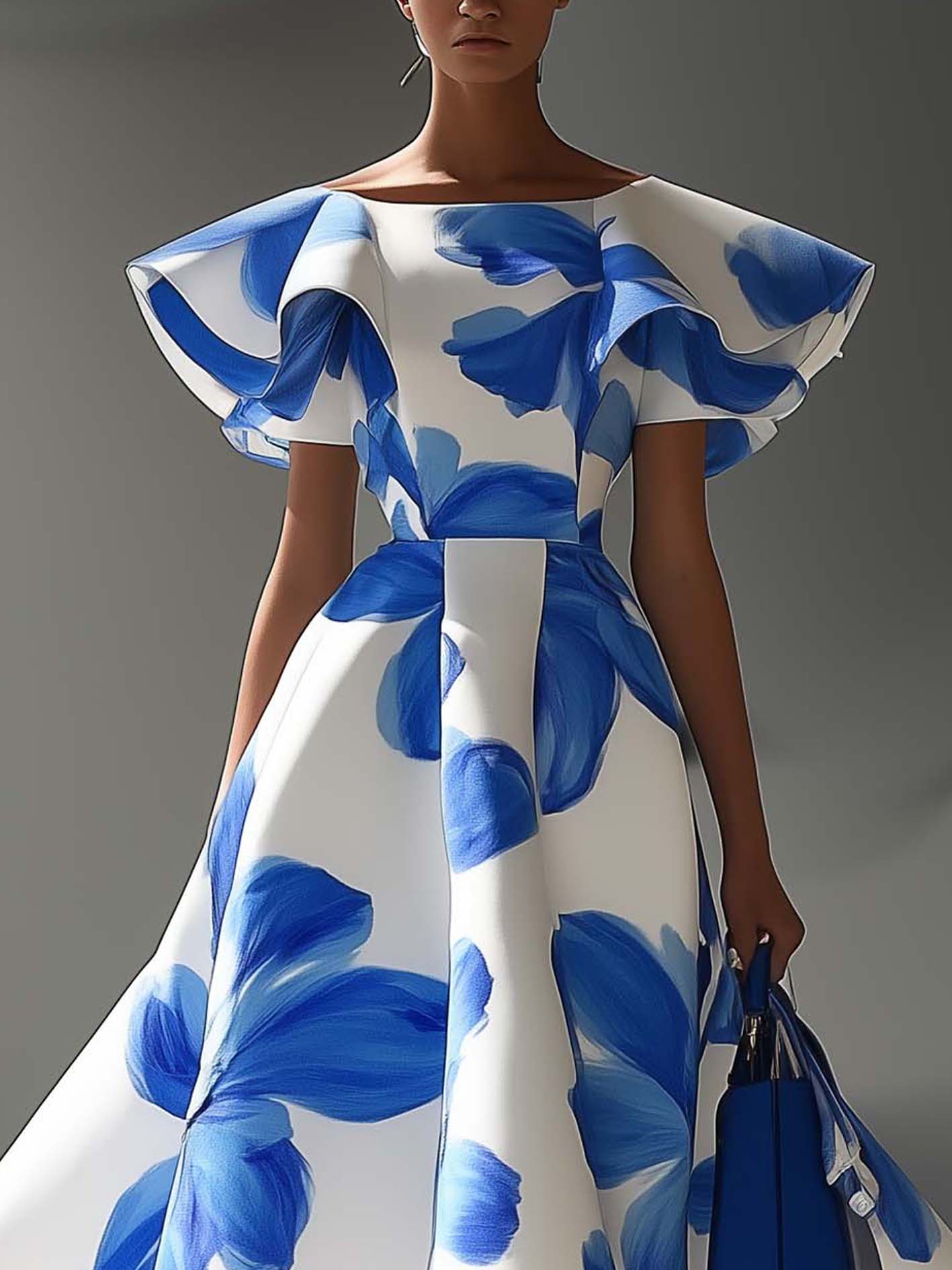 White Satin Midi Dress With Ruffles And Blue Flowers