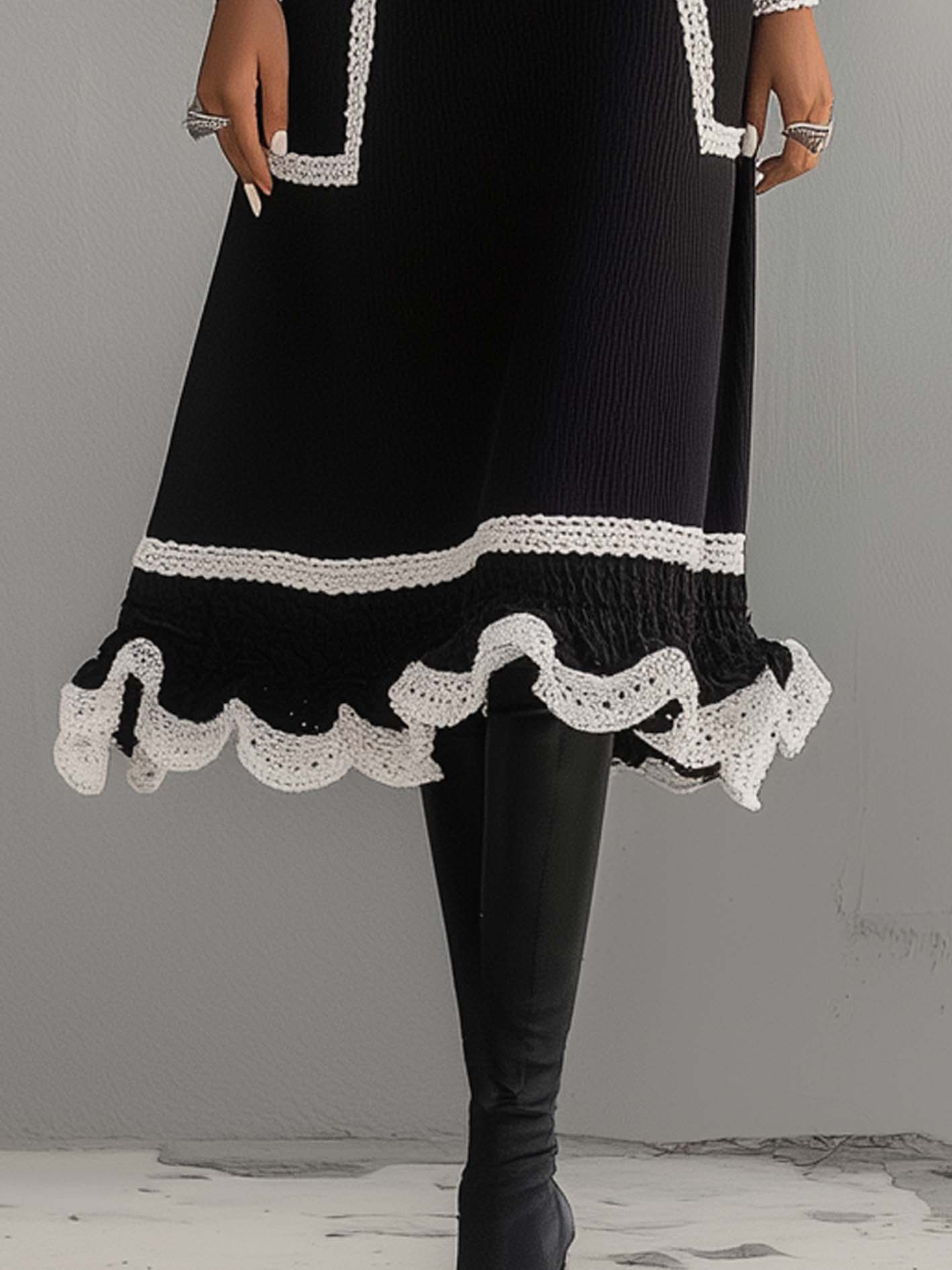 Simple Black Knitted Midi Dress With White Lace Trim