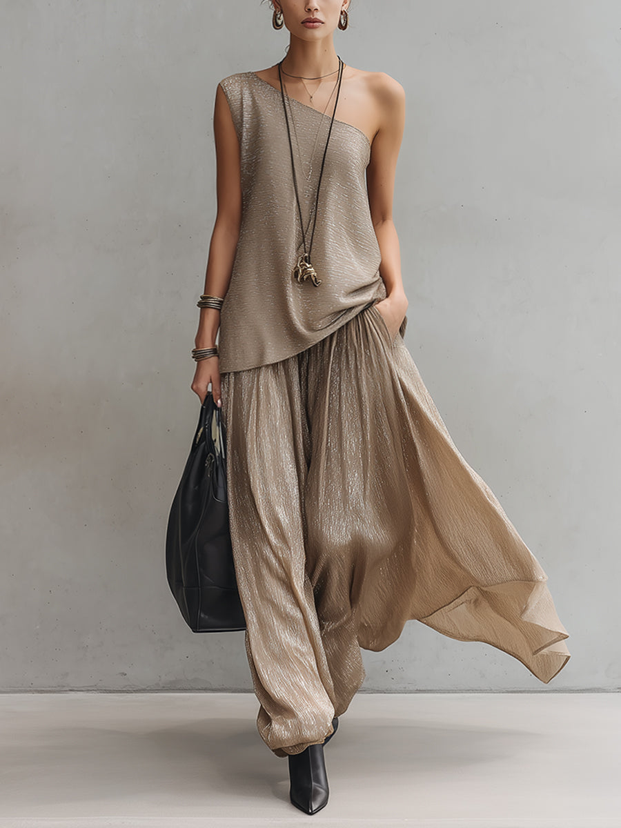 Taupe Sheen Sleeveless Loose Top And Skirt Set