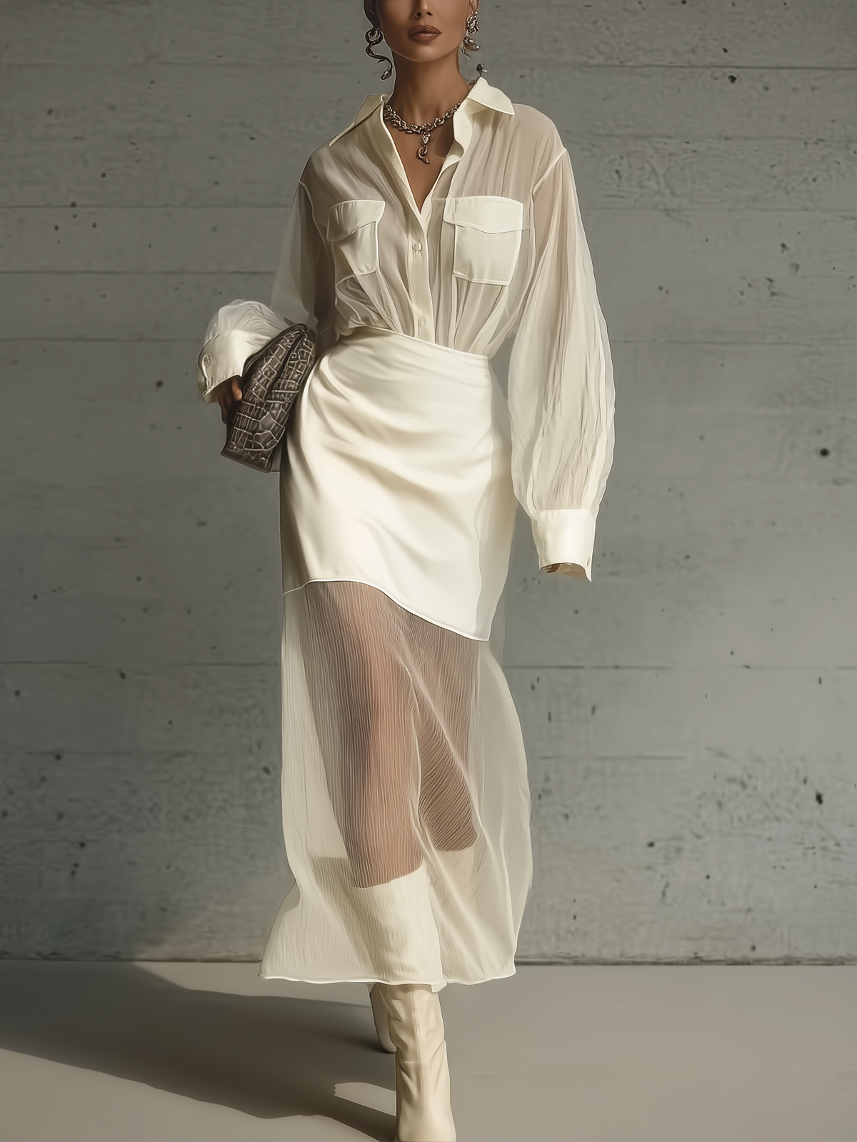 White Tulle Open-front Patch Pocket Glossy Blend Skirt Suit