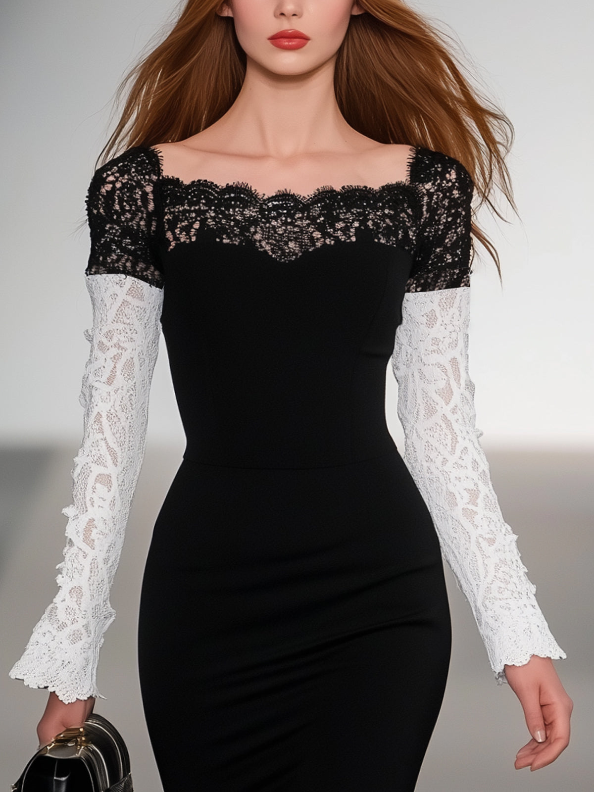 Black Sheath Dress With Contrasting Lace Sleeves And Neckline