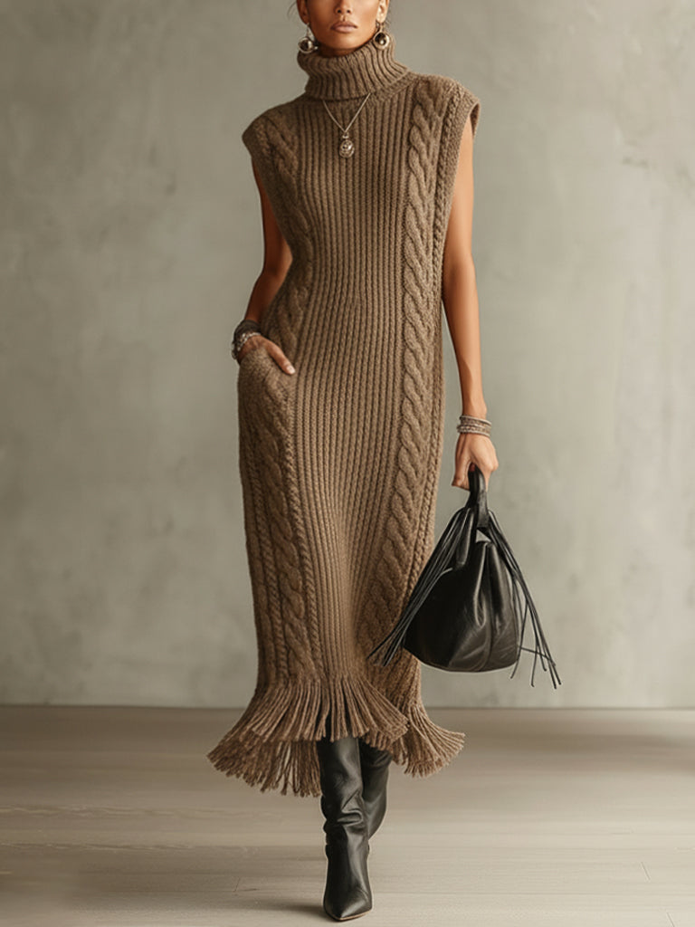 Khaki Sleeveless High-Neck Cable Knit Fringe Maxi Dress