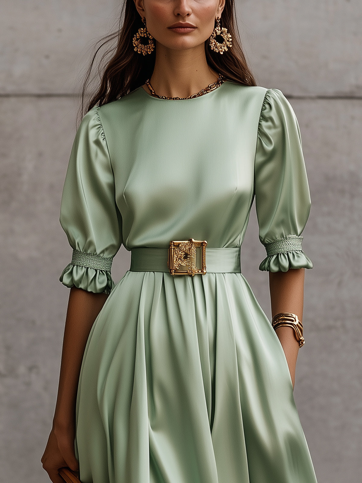 Green Satin Belted Puff Sleeve Round Neck Knee Length Midi Dress