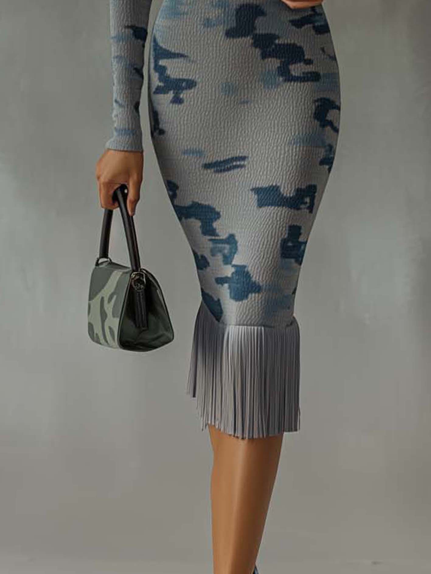 Gray Knitted Midi Bodycon Dress With Blue Camouflage Pattern And Tassels