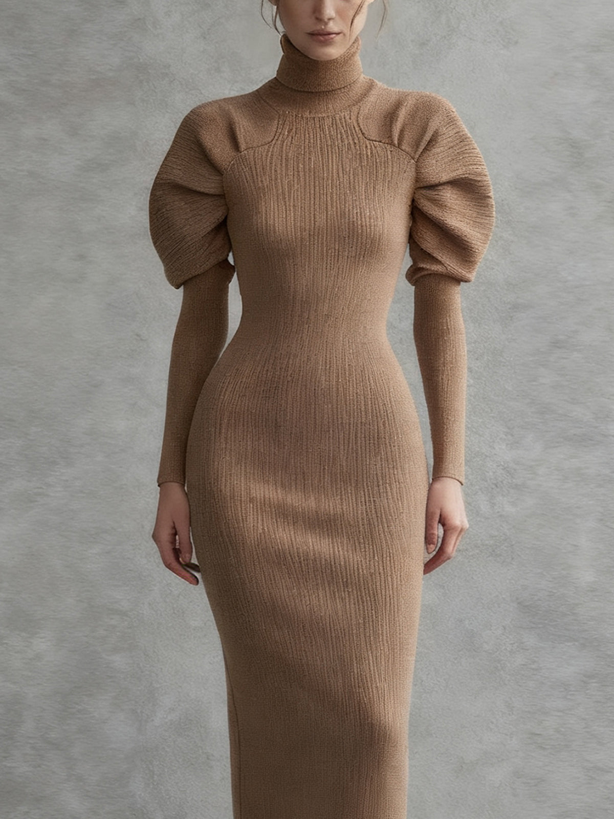 Camel Knit Midi Dress With Puff Sleeves And Turtleneck