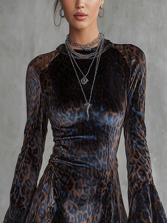 Brown And Blue Velvet Mini Dress With Leopard Print And Flared Sleeves