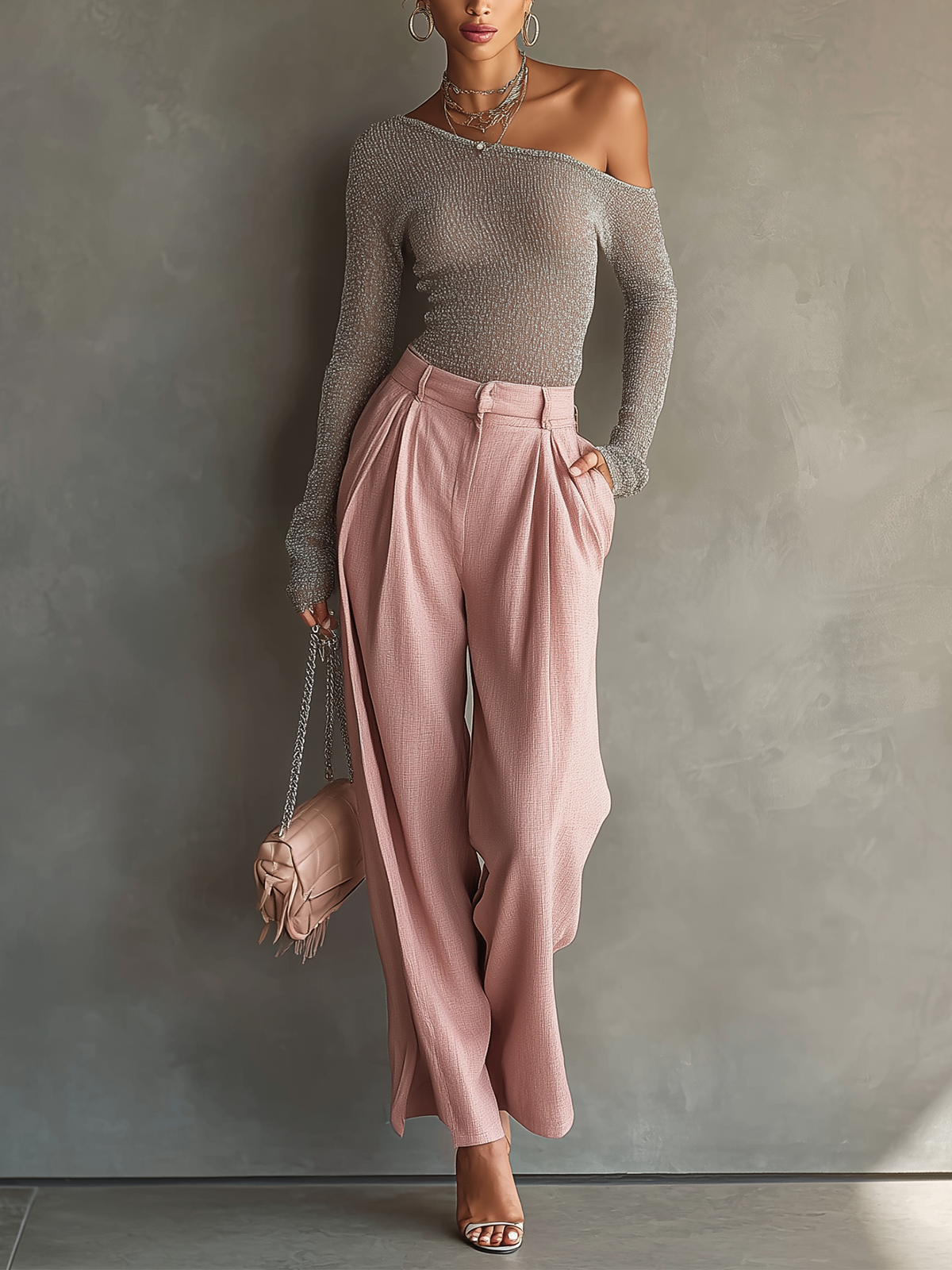 Pink Taupe Off-Shoulder Knit & Pleated Trouser Two-Piece Set