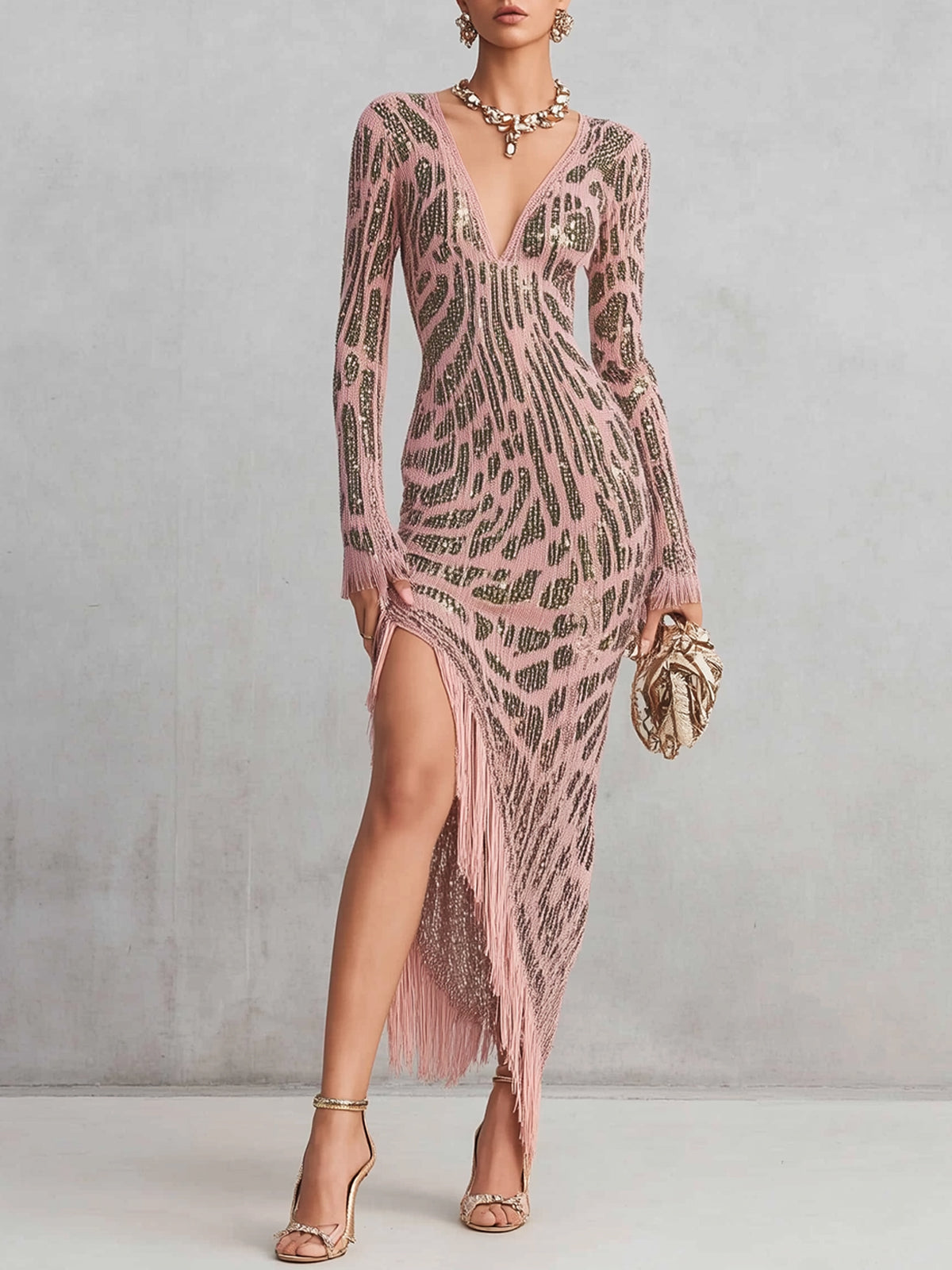 Pink Leopard Print Knit Fringe V-Neck Bodycon Dress