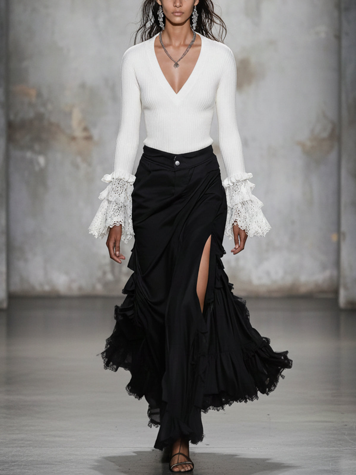White Lace Cuff Sweater With Black Ruffled Maxi Skirt