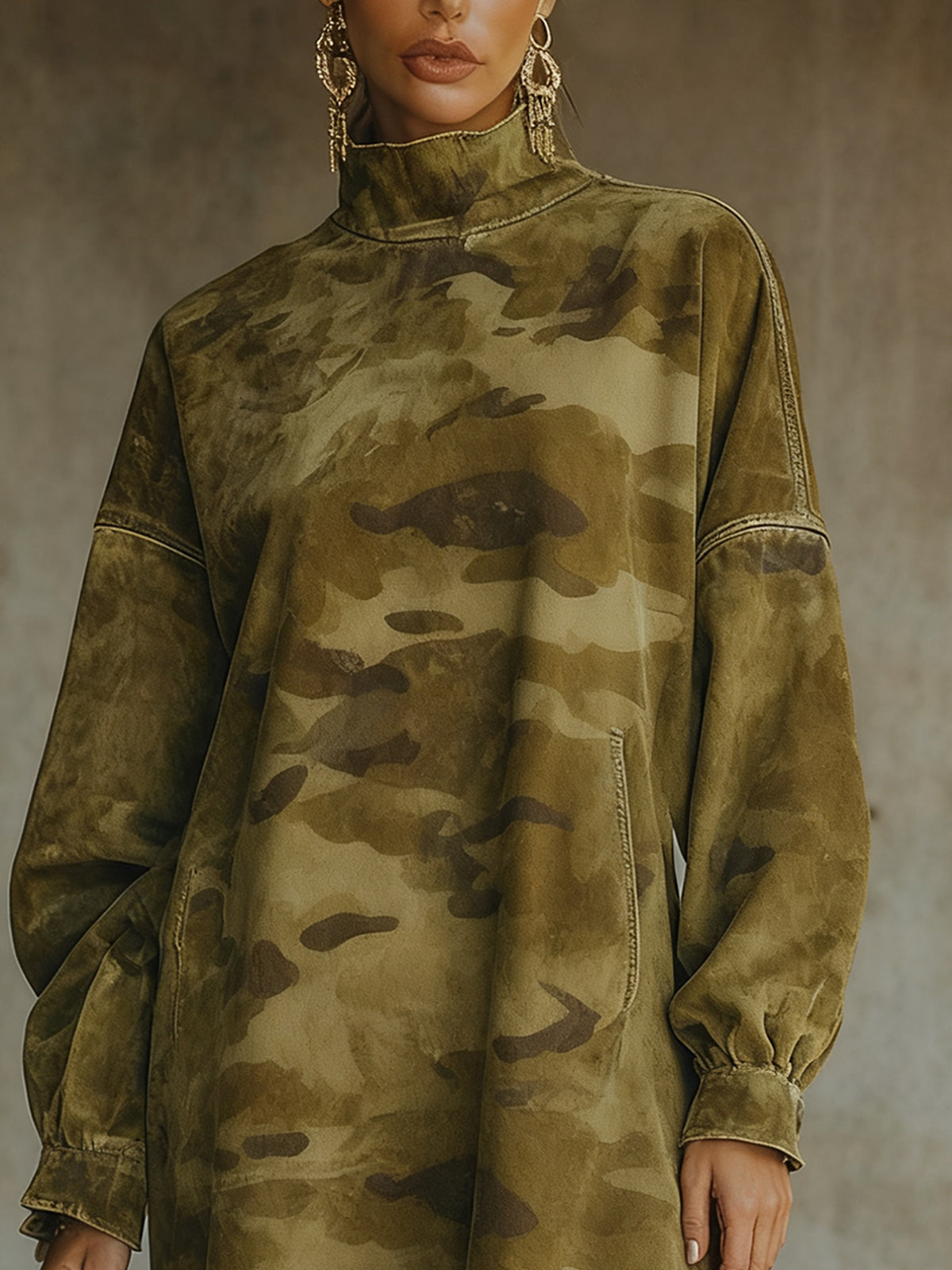 Olive Camouflage Faux SuedeTurtleneck Fringed Hem Dress