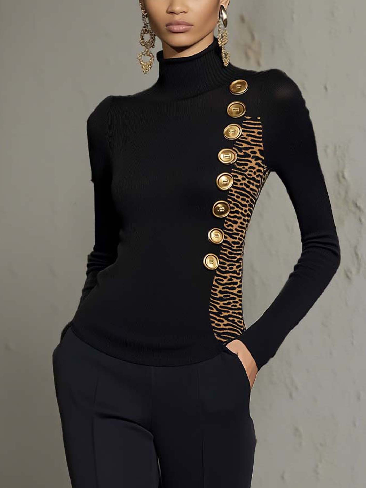 Black Knitted T-shirt With Leopard Print And Gold Buttons