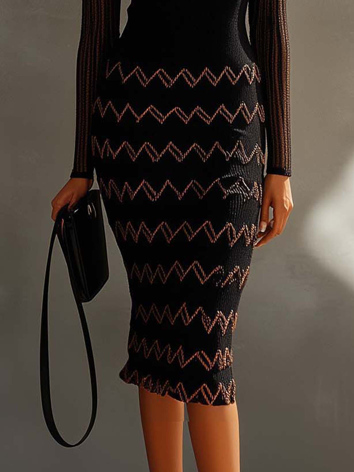 Black Knitted Bodycon Dress With See-through Design And Brown Lines