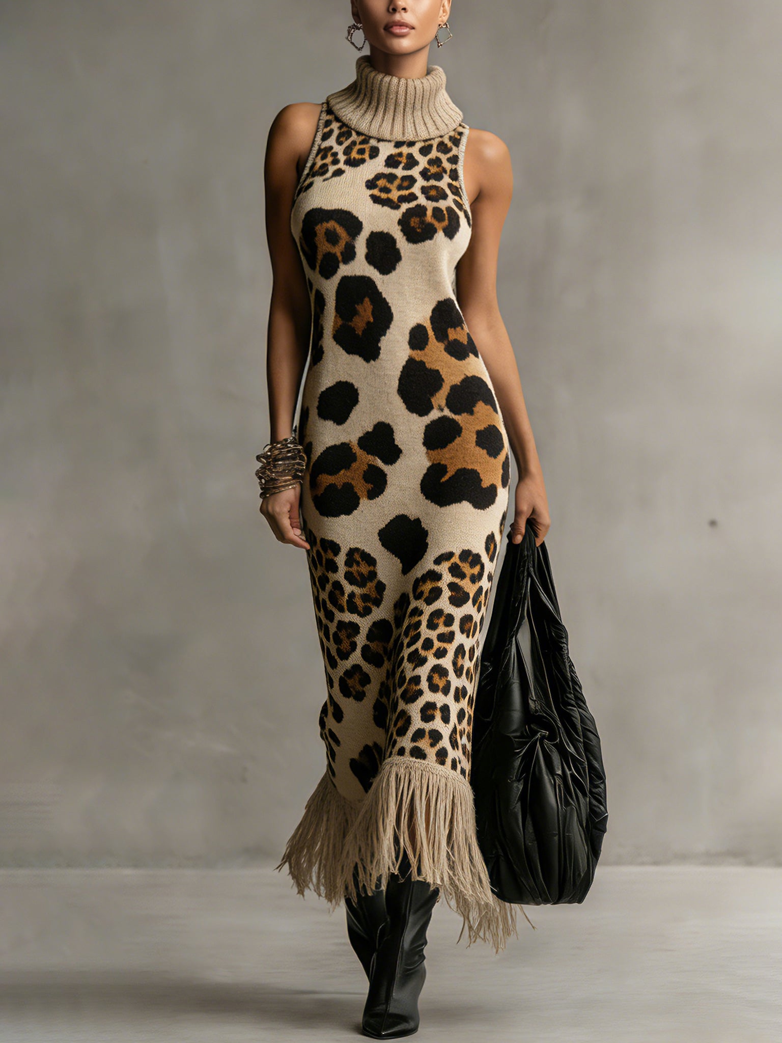 Brown Irregular Leopard Print Knitted Tassel Sleeveless Maxi Dress