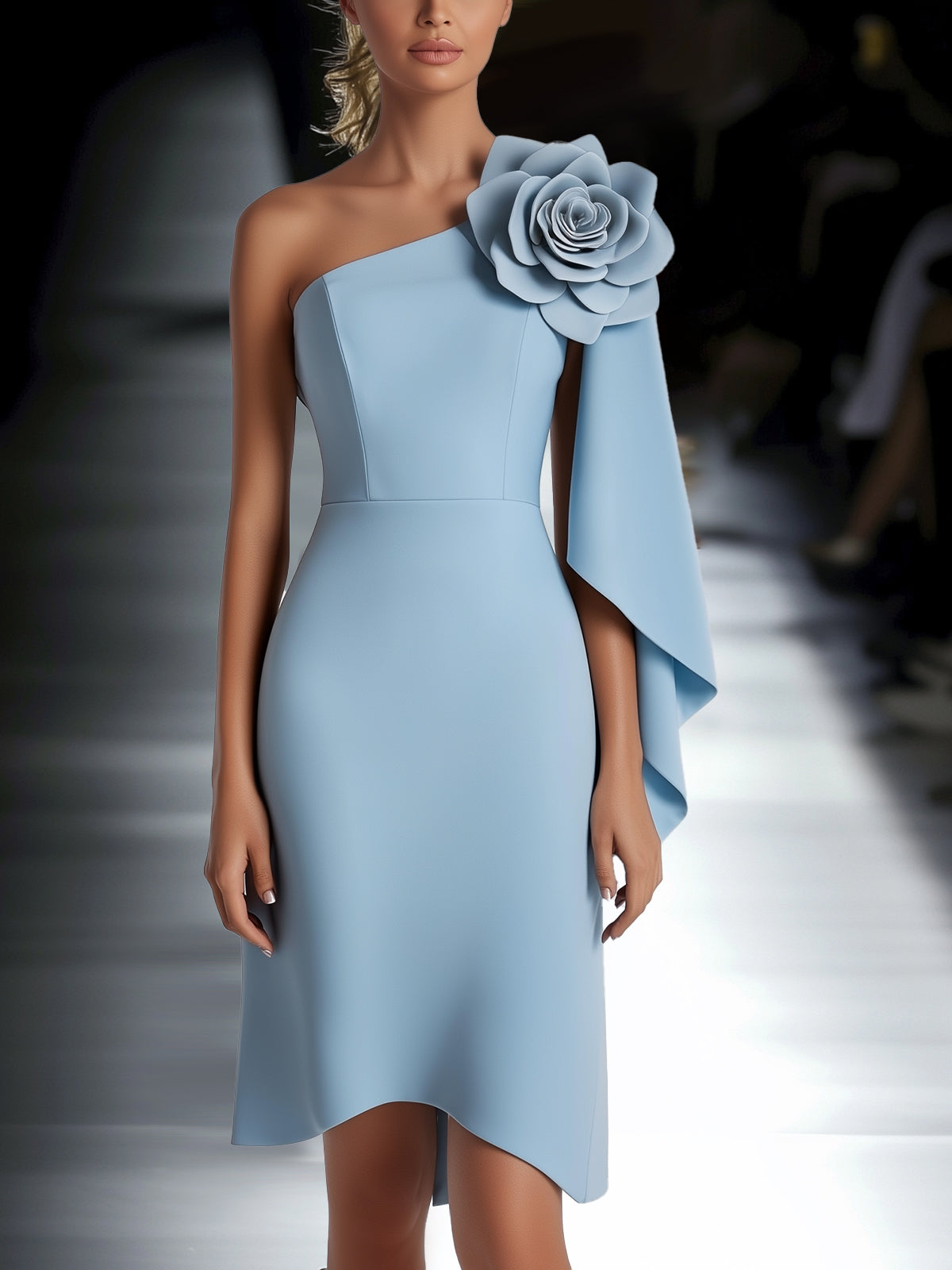 Light Blue One-Shoulder Bodycon Dress With 3D Floral Shoulder Detail