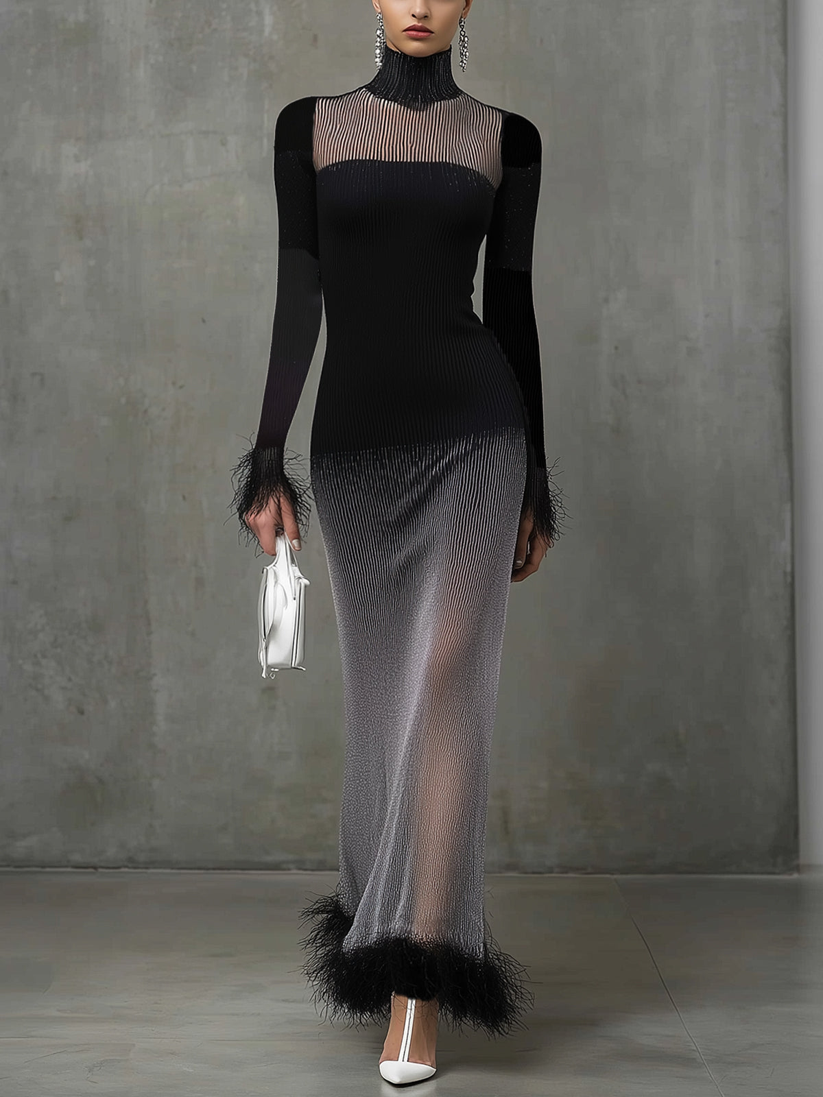 Black Ombre Knit High Neck Feather Hem Bodycon Dress