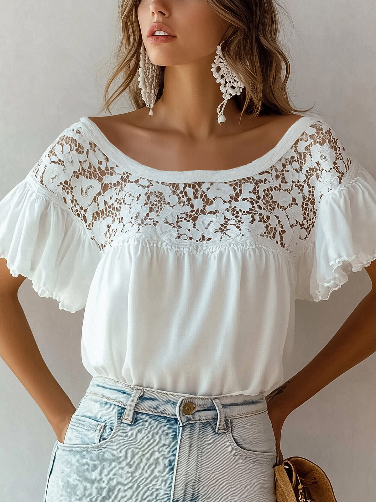 Lace Neckline Bell Sleeve T-Shirt