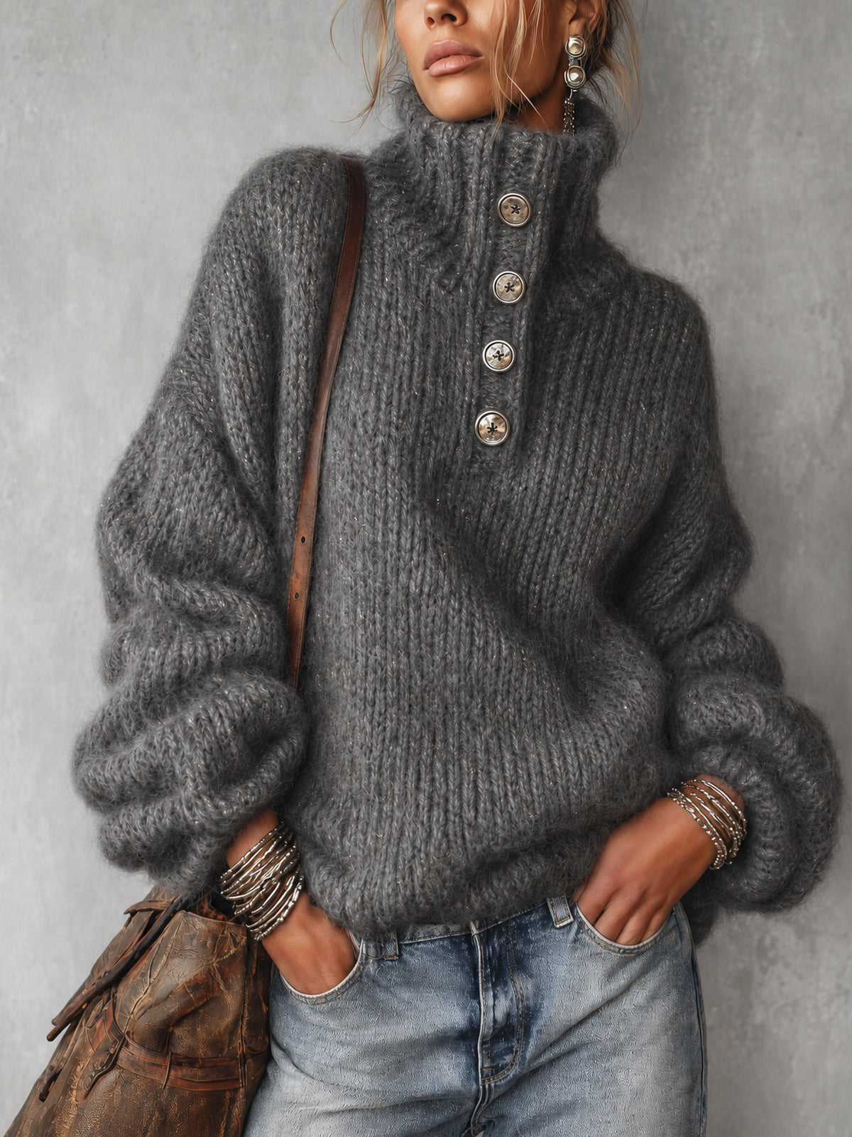 Charcoal Gray Metallic Thread Button Detail Oversized Sweater