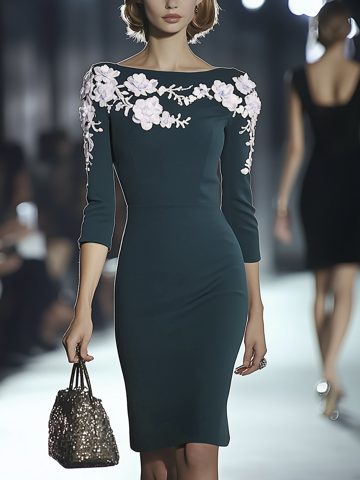 Green Bodycon Dress With 3D Floral And Embroidery