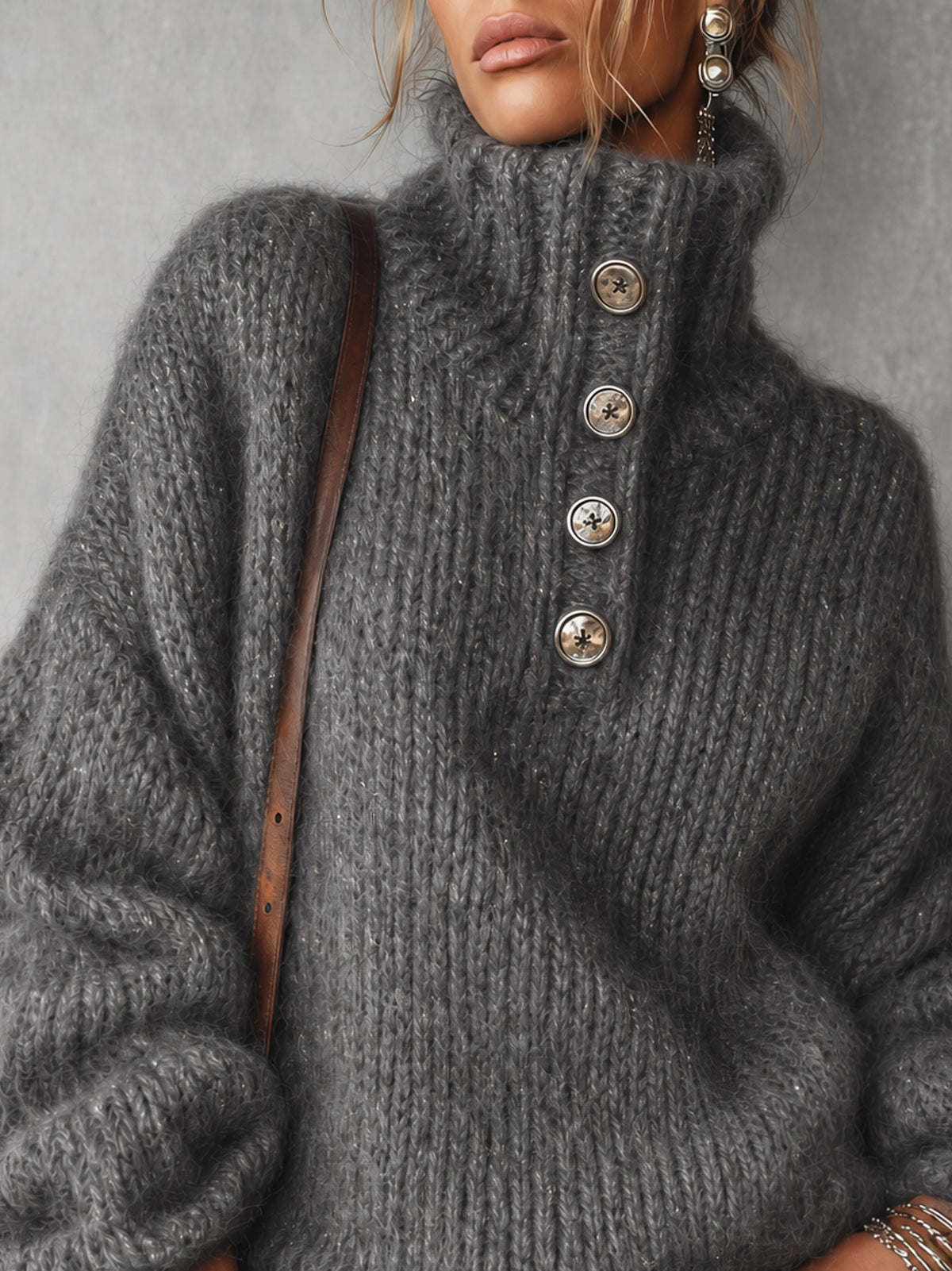 Charcoal Gray Metallic Thread Button Detail Oversized Sweater