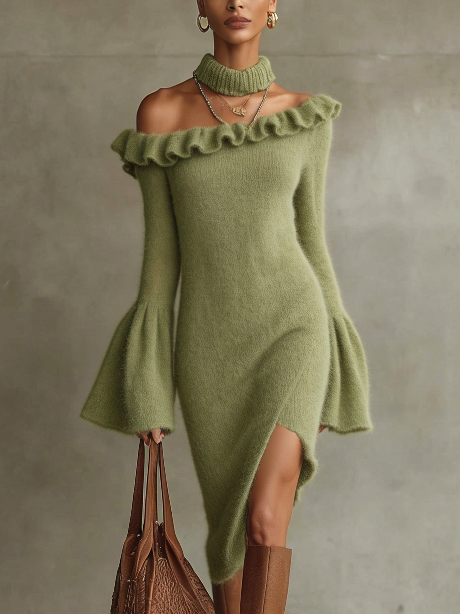 Olive Knit Off Shoulder Flare Sleeve Dress