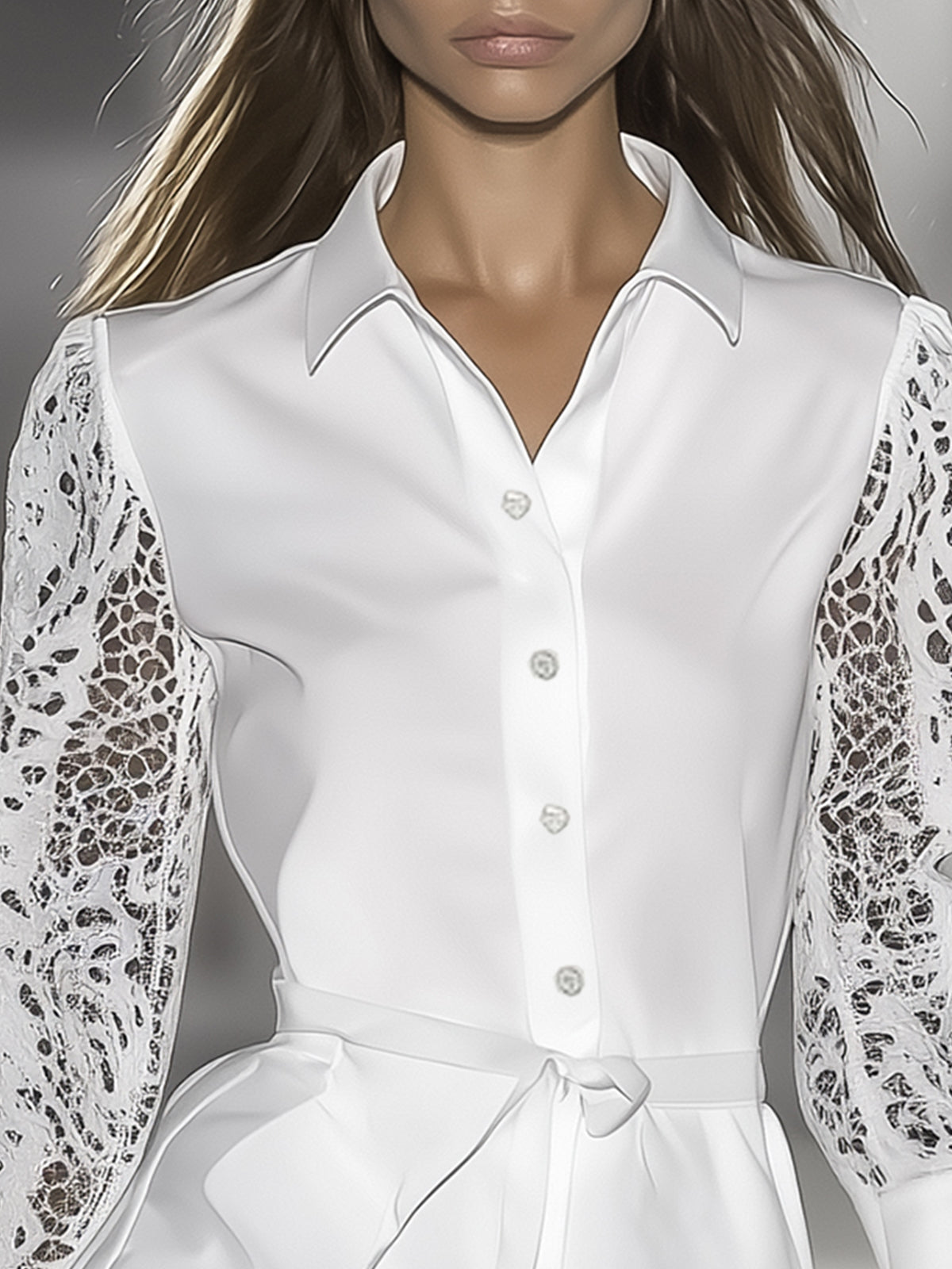 White Collared Shirt Dress With Lace Long Sleeves