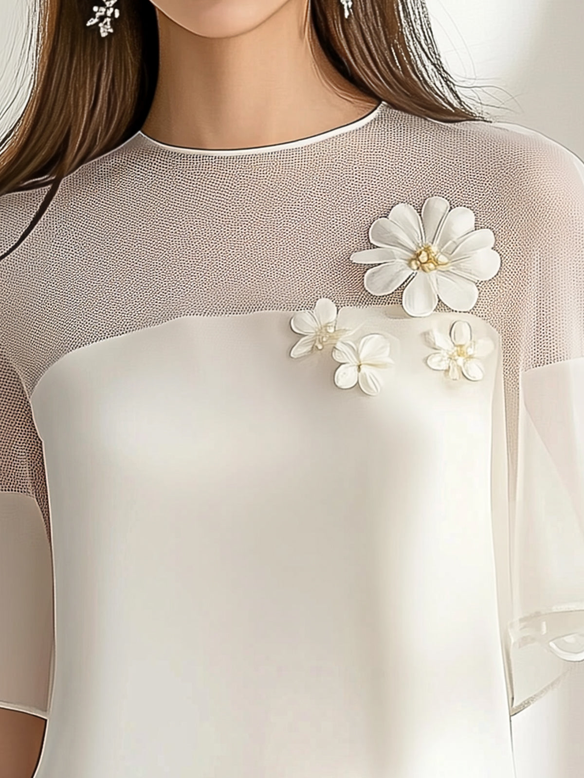 Mesh Neckline Applique Half-Sleeve Shirt