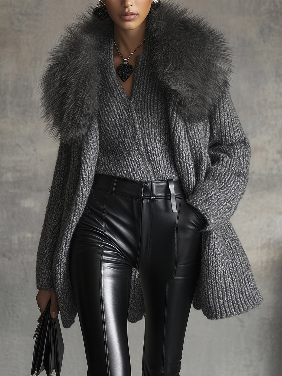 Gray Luxe Knit Cardigan With Faux Fur Collar
