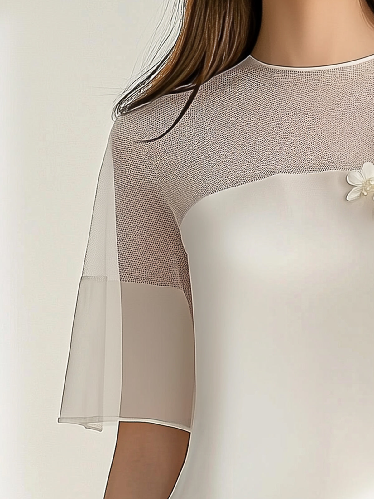 Mesh Neckline Applique Half-Sleeve Shirt