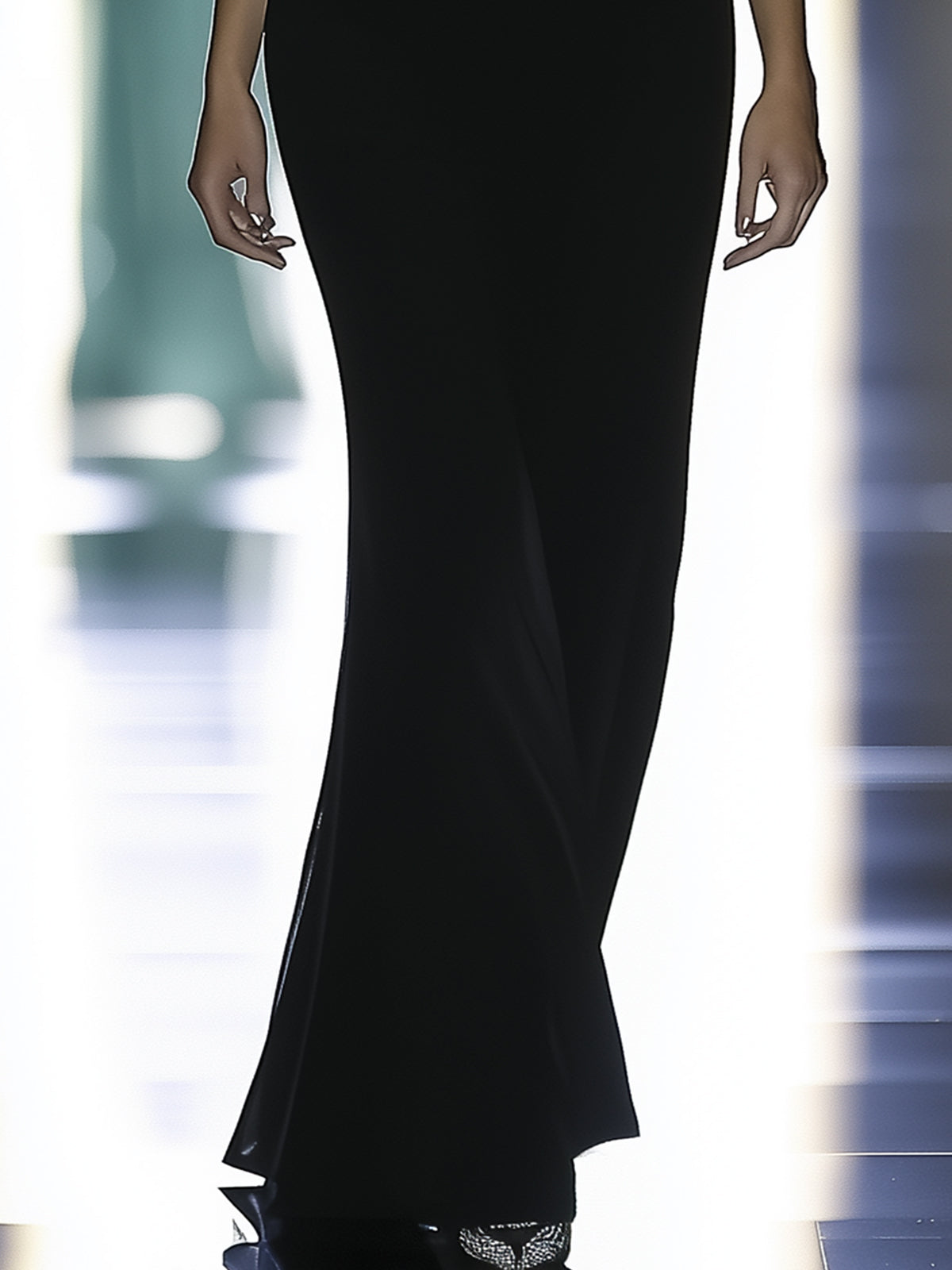 Black Maxi Dress With Silver Leaf Embroidery And Mesh Neckline