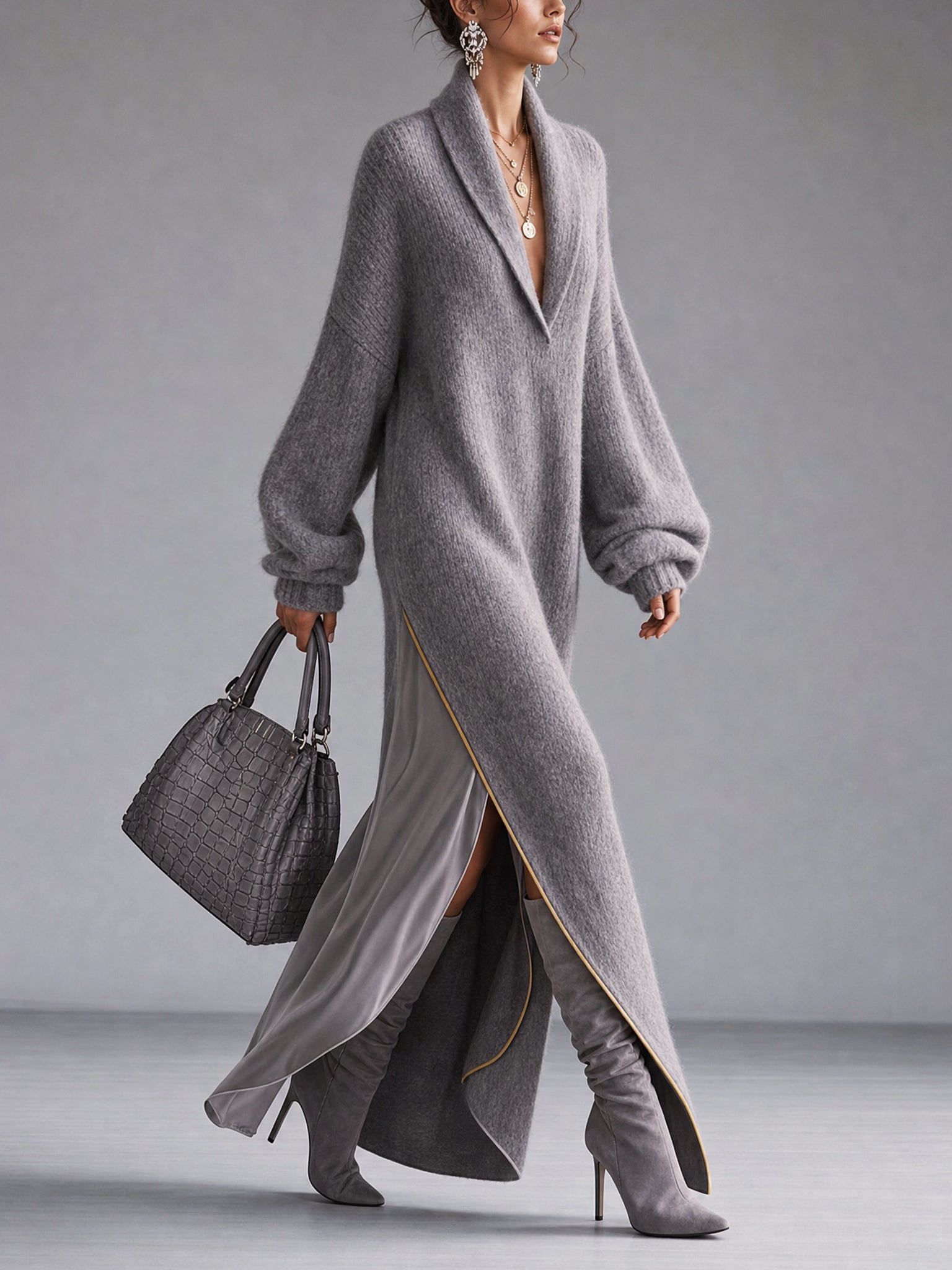 Gray Knit Maxi Dress With Satin Hem