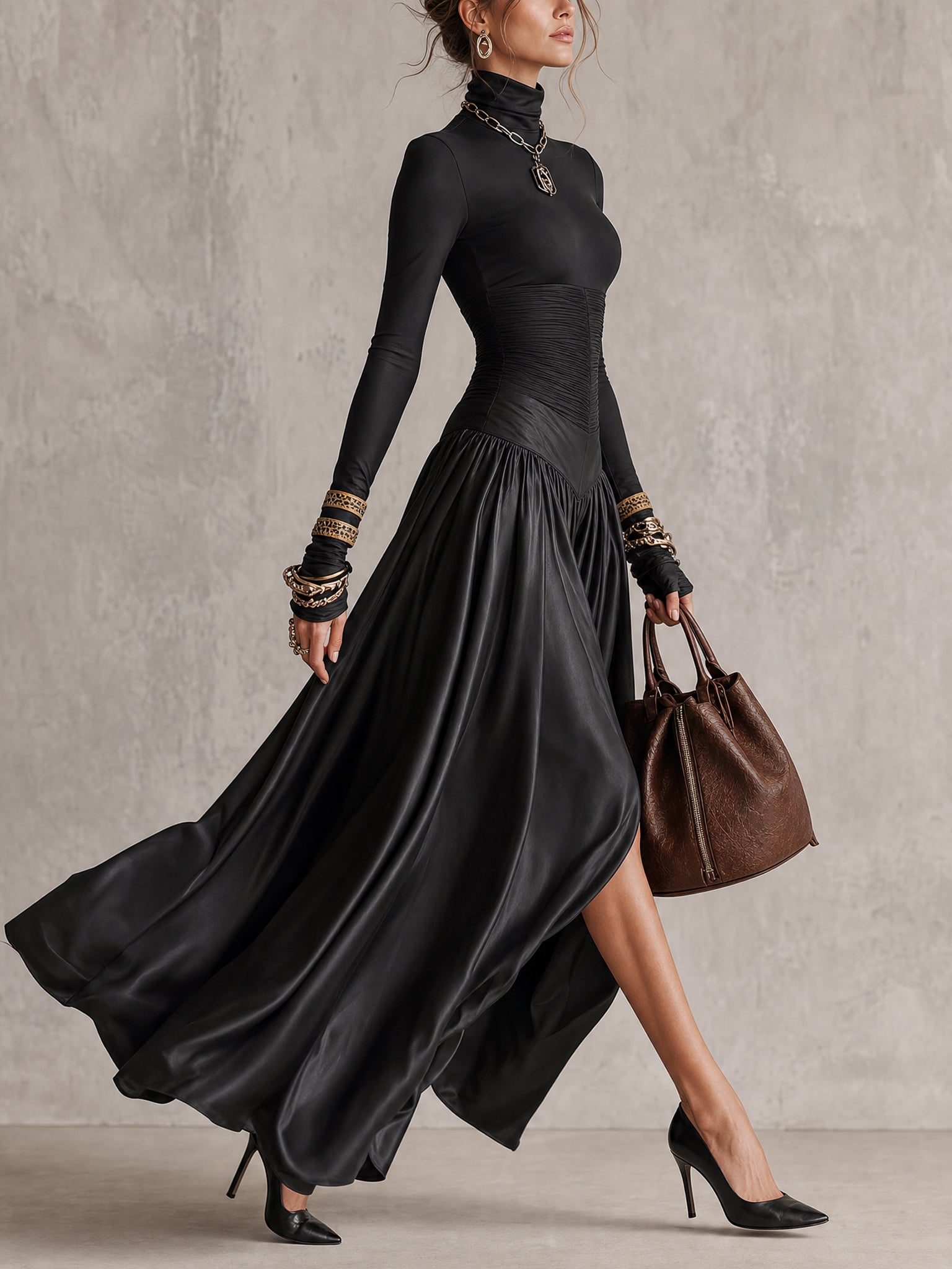 Black Stretch Satin Panel Maxi Dress