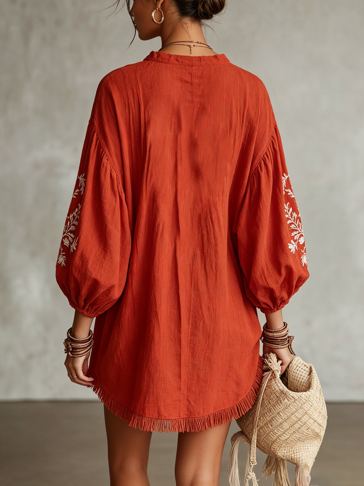 Red Embroidered V-Neck Mini Dress With Balloon Sleeves And Fringe Hem